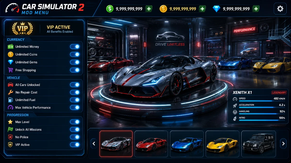 Car Simulator 2 mod menu panel with currency, vehicle, and progression toggles beside a garage view